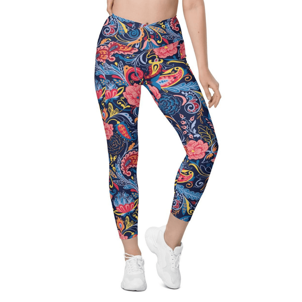 Art Deco Floral Crossover Leggings With Pockets