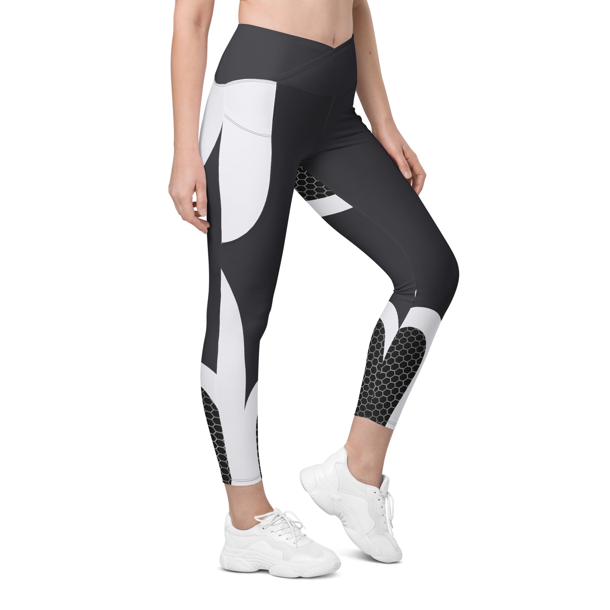 Beehive Geometric Crossover Leggings With Pockets Onyx Black