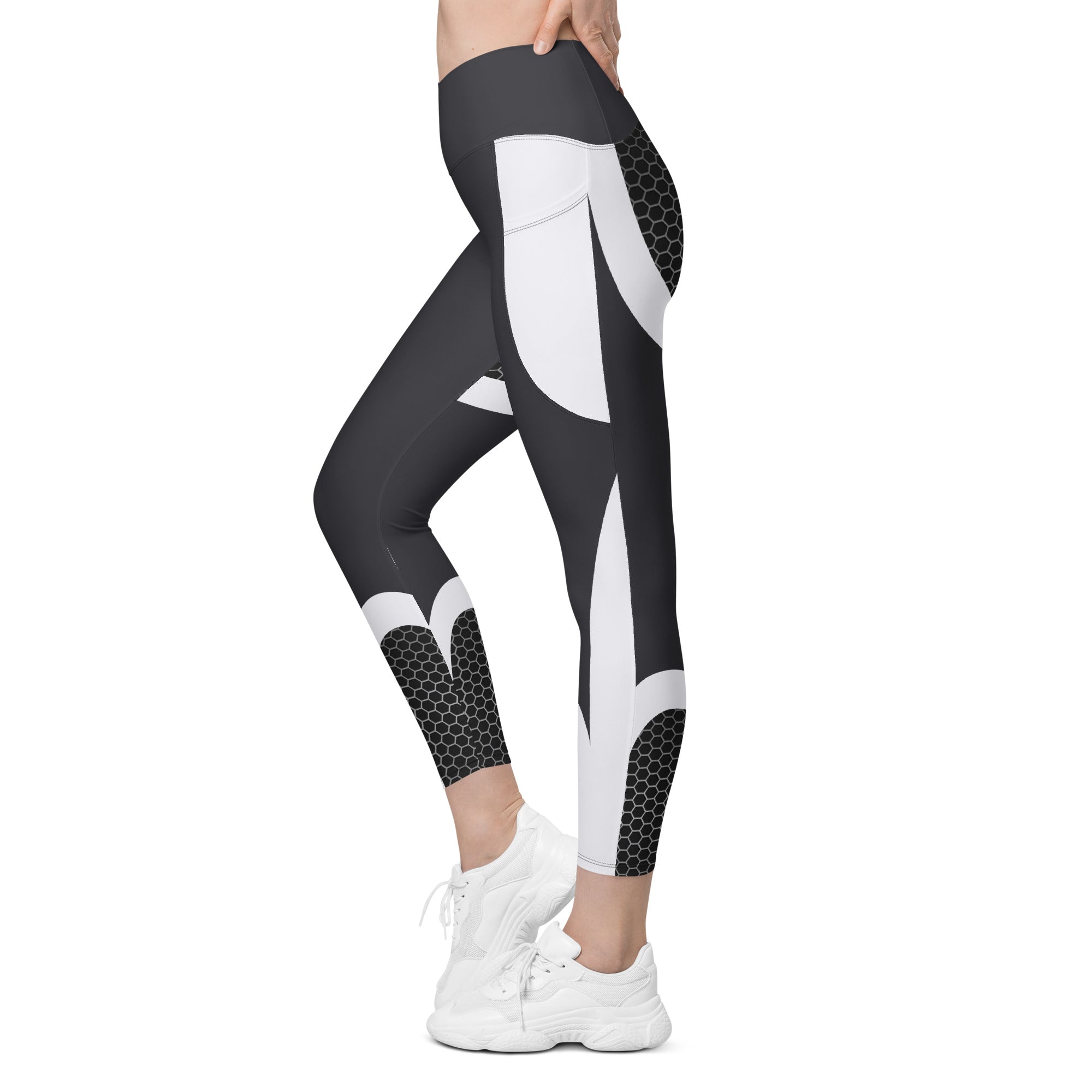 Beehive Geometric Crossover Leggings With Pockets Onyx Black