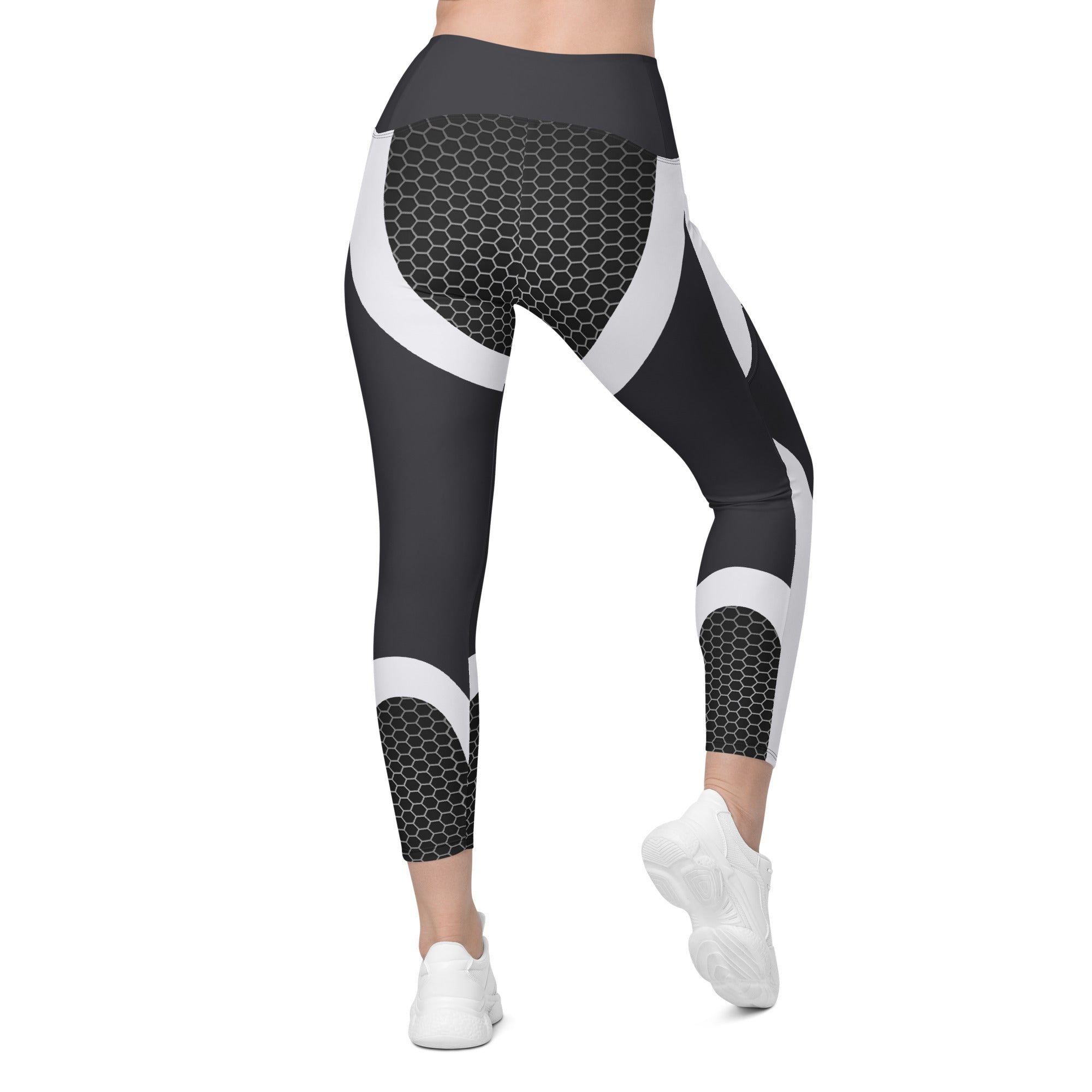 Beehive Geometric Crossover Leggings With Pockets Onyx Black