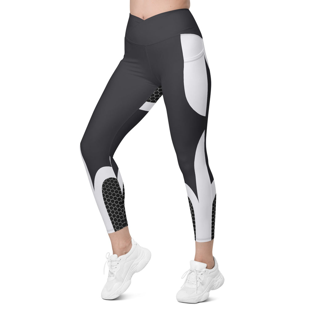 Beehive Geometric Crossover Leggings With Pockets Onyx Black