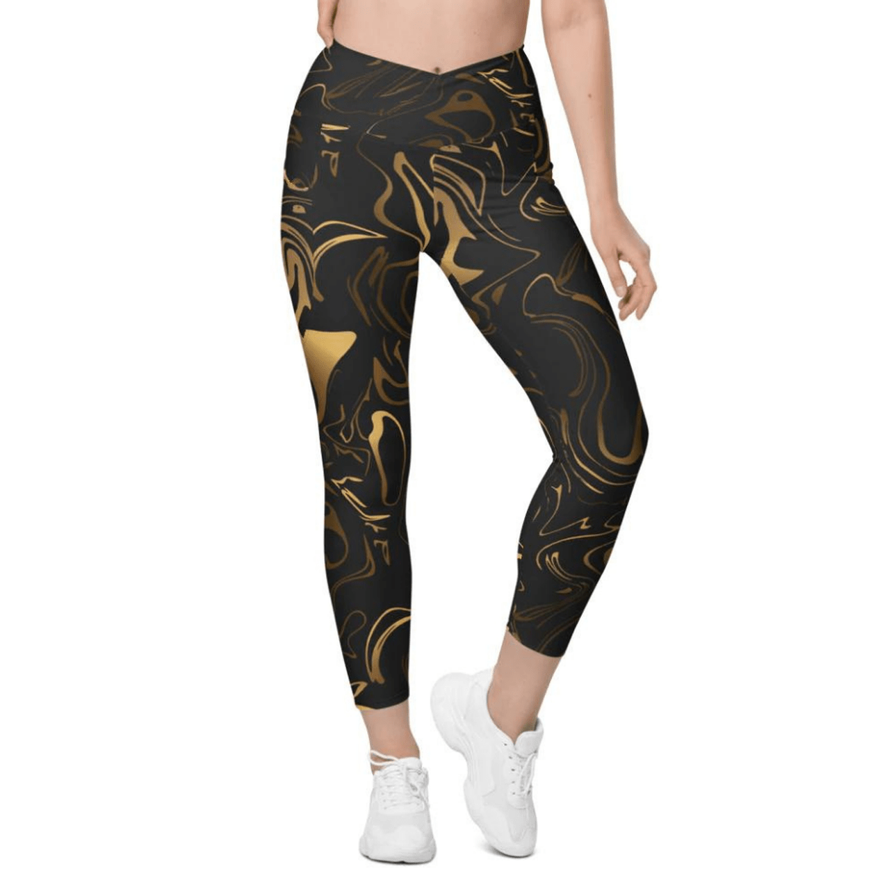 Black & Gold Crossover Leggings With Pockets