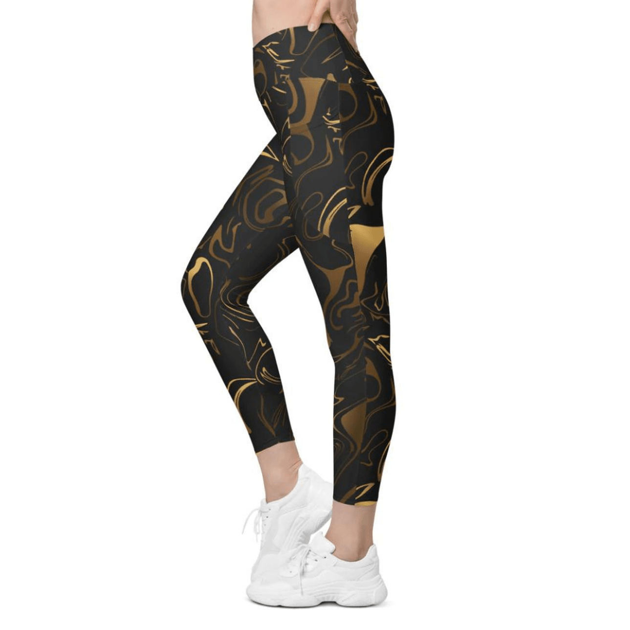 Black & Gold Crossover Leggings With Pockets