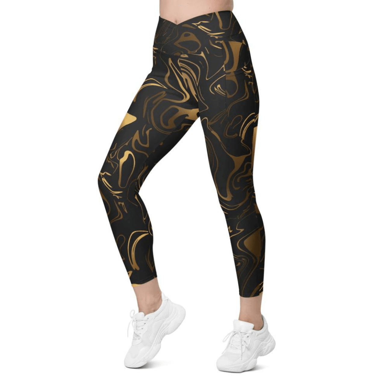 Black & Gold Crossover Leggings With Pockets