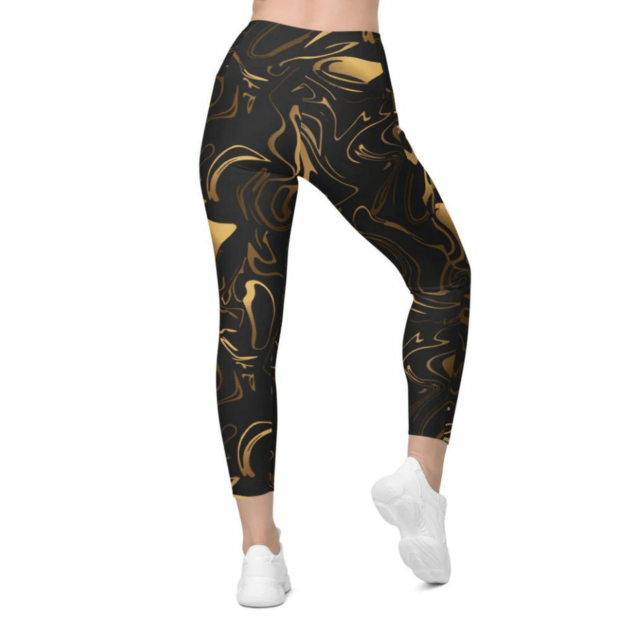 Black & Gold Crossover Leggings With Pockets