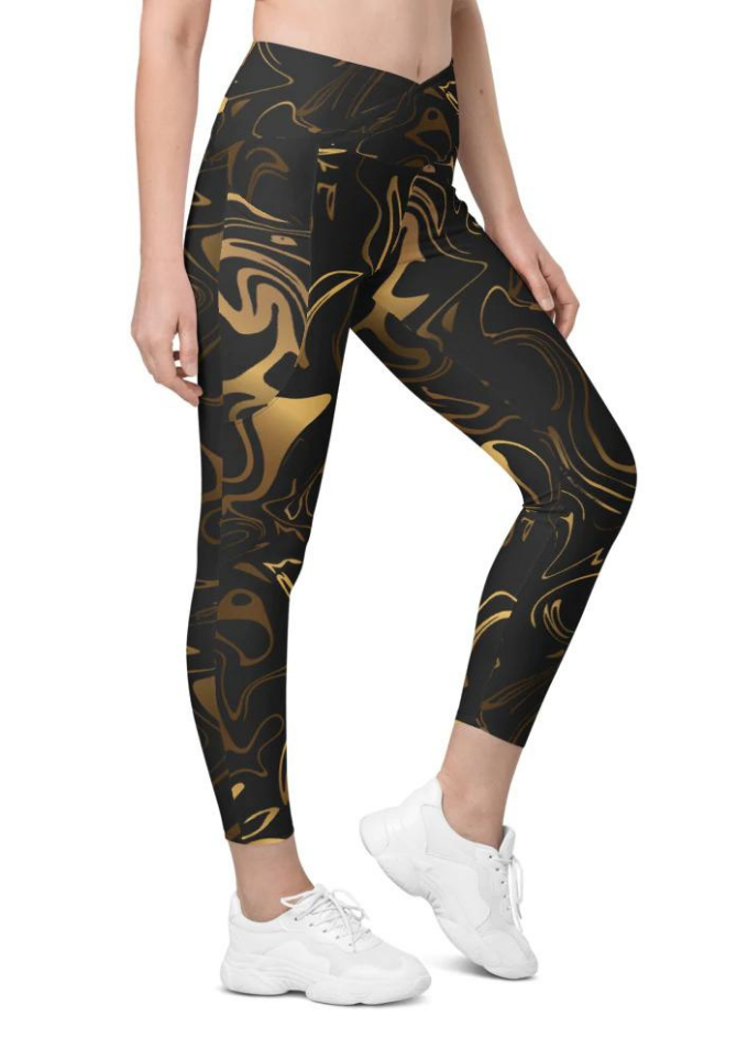 Black & Gold Crossover Leggings With Pockets