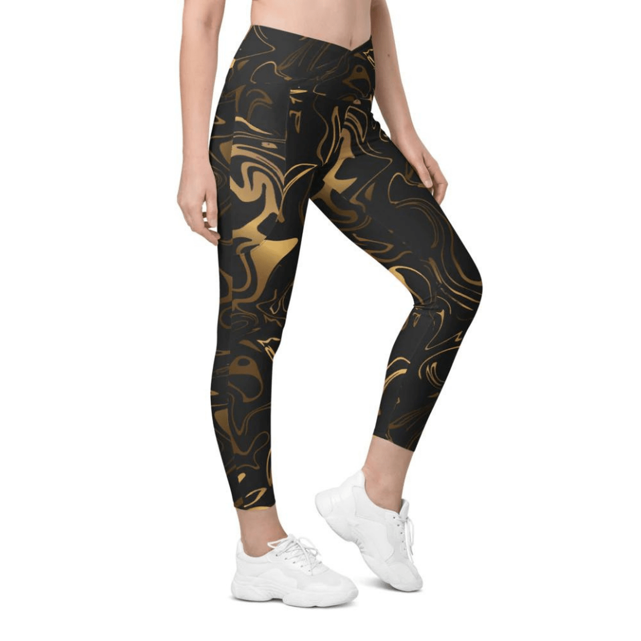 Black & Gold Crossover Leggings With Pockets