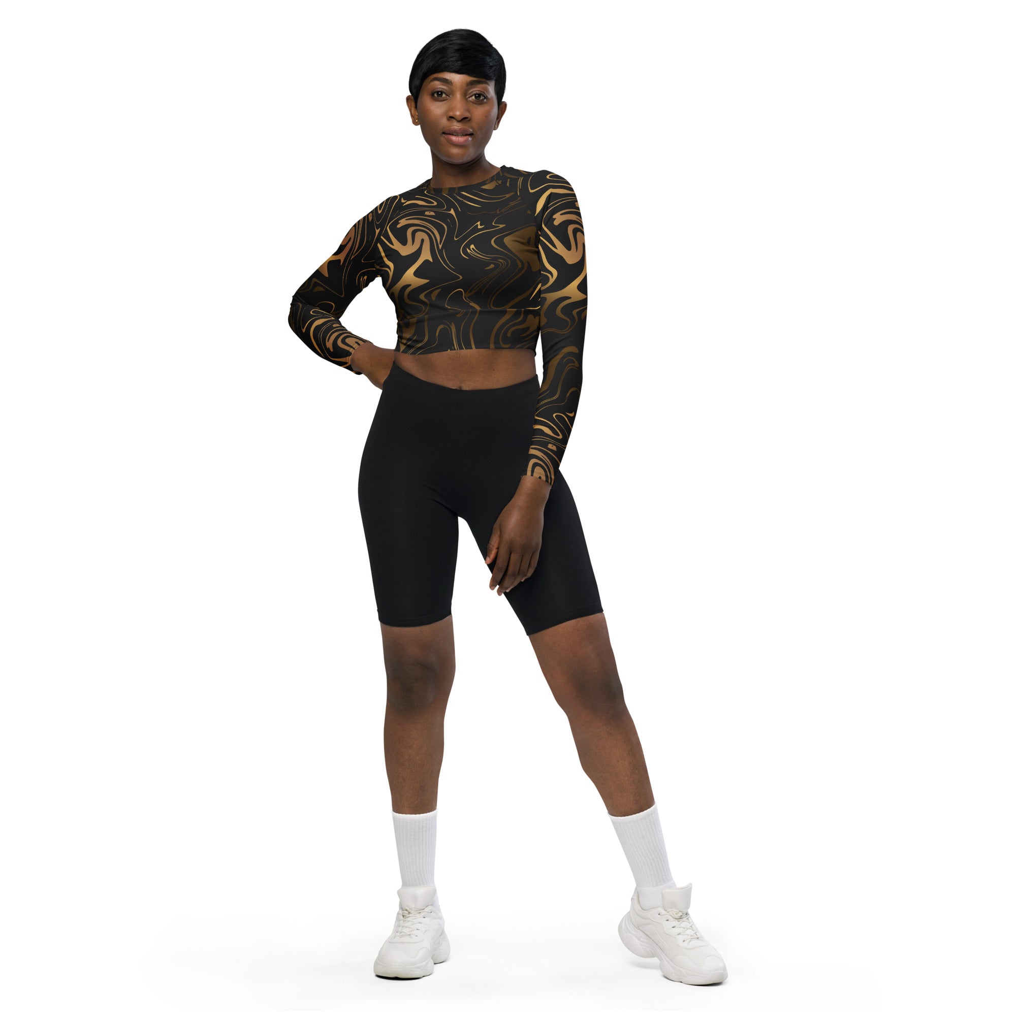 Black & Gold Recycled Long-sleeve Crop Top