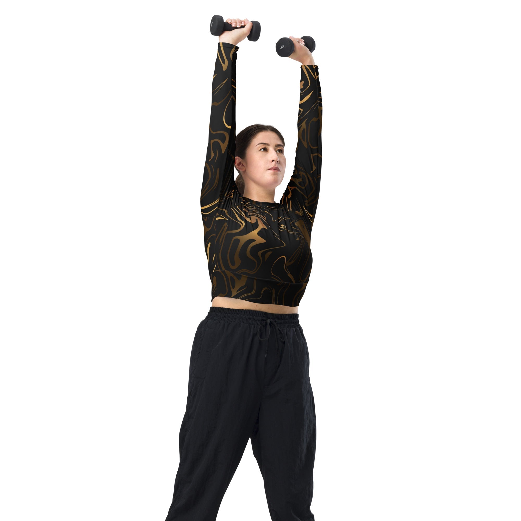 Black & Gold Recycled Long-sleeve Crop Top