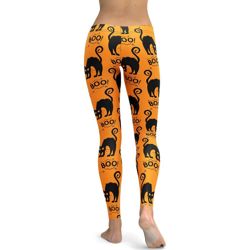 Orange Black Kitty Print Halloween Leggings | FIERCEPULSE