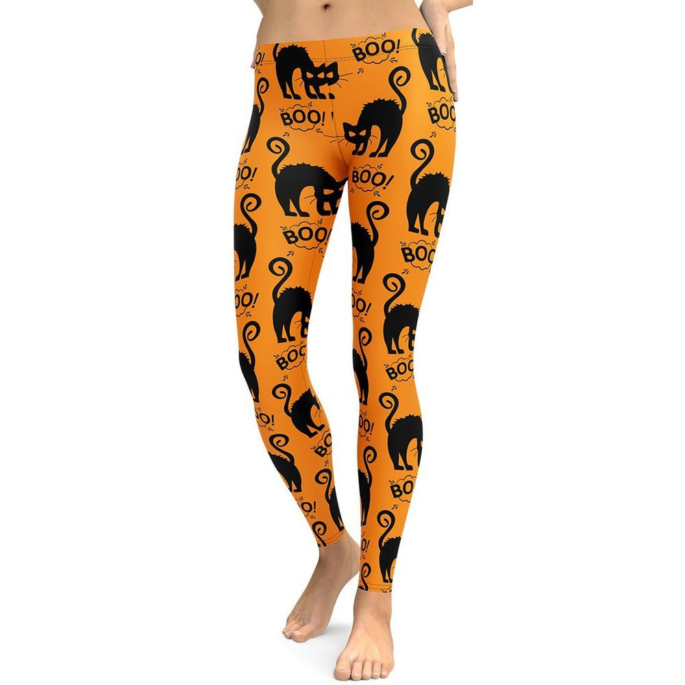 Orange Black Kitty Print Halloween Leggings | FIERCEPULSE