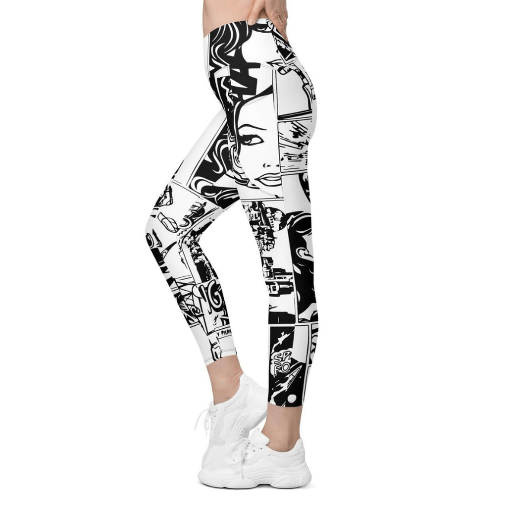 Black & White Comic Book Crossover Leggings With Pockets