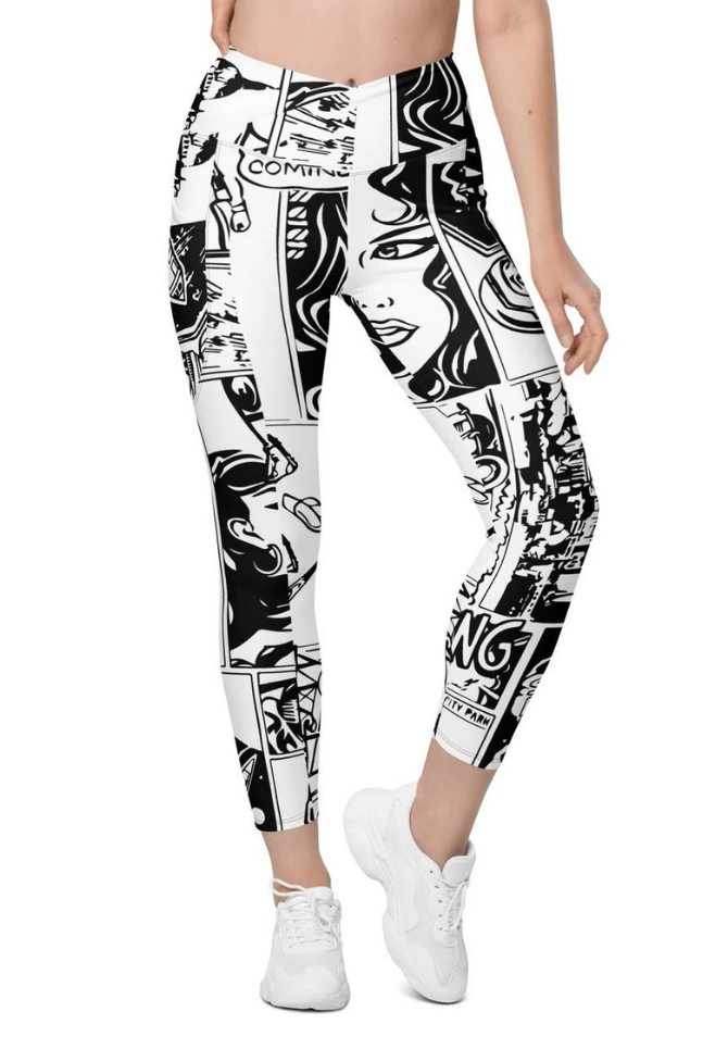 Black & White Comic Book Crossover Leggings With Pockets