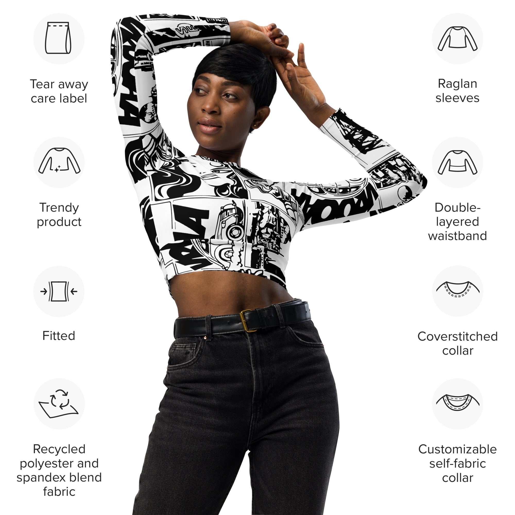 Black & White Comic Book Recycled Long-sleeve Crop Top