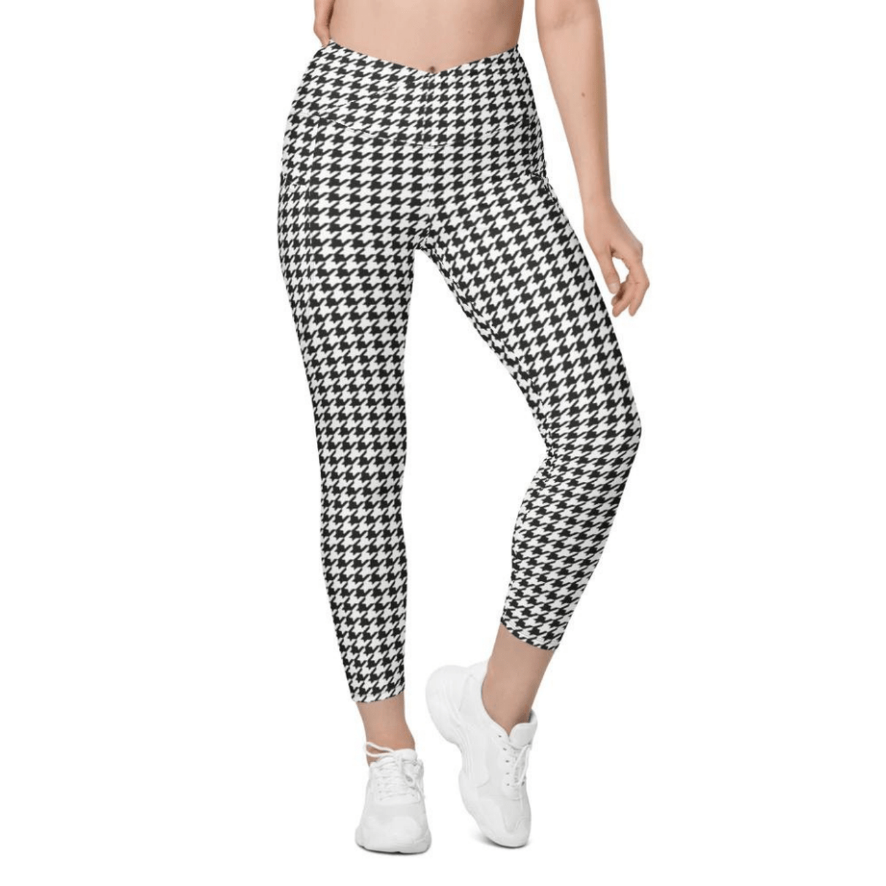 Black & White Houndstooth Print Crossover Leggings With Pockets