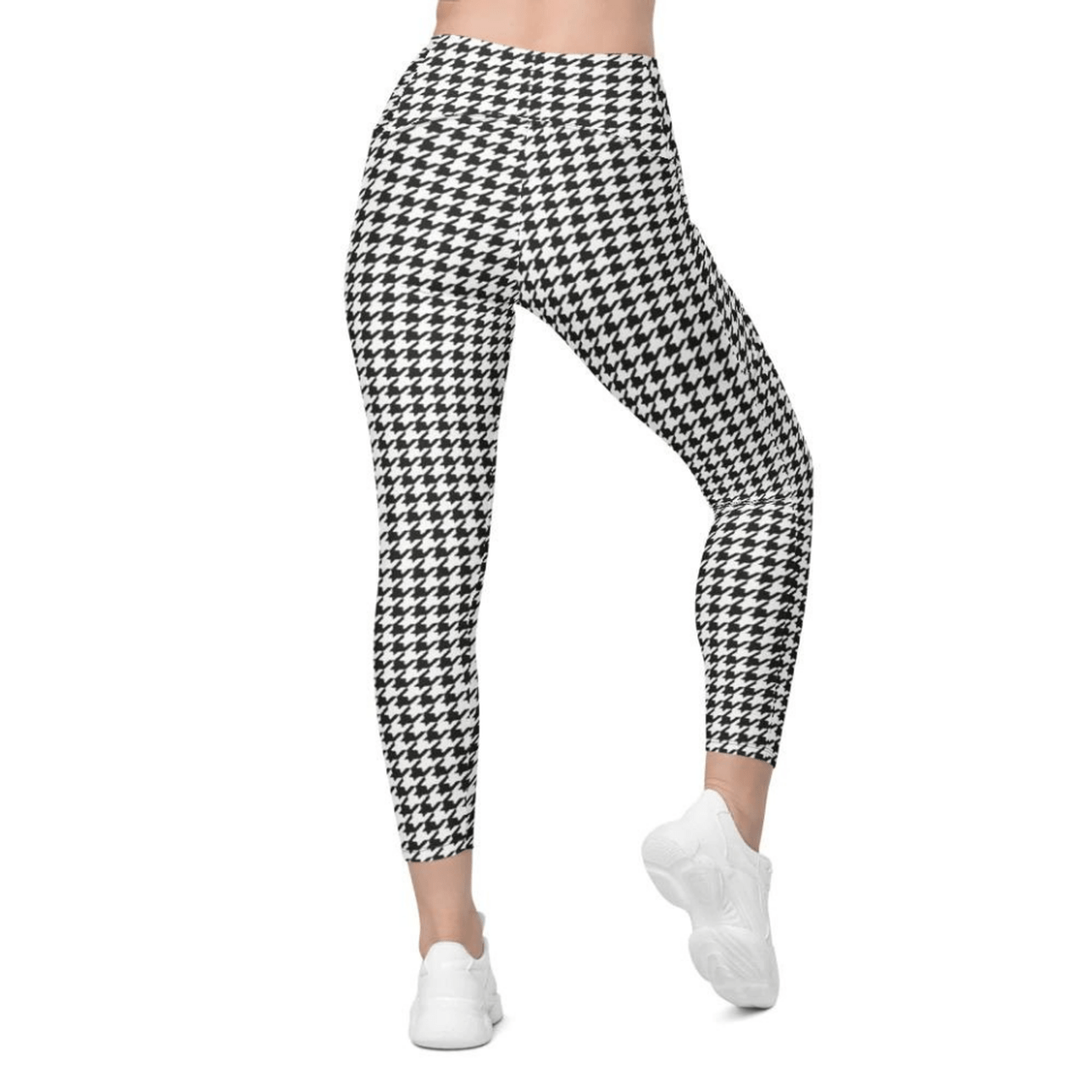 Black & White Houndstooth Print Crossover Leggings With Pockets