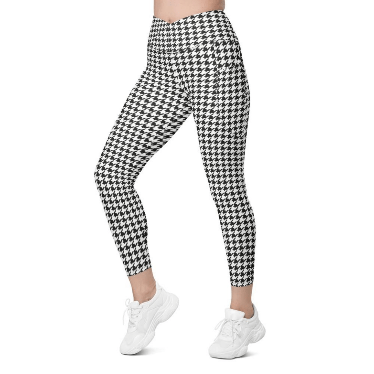 Black & White Houndstooth Print Crossover Leggings With Pockets