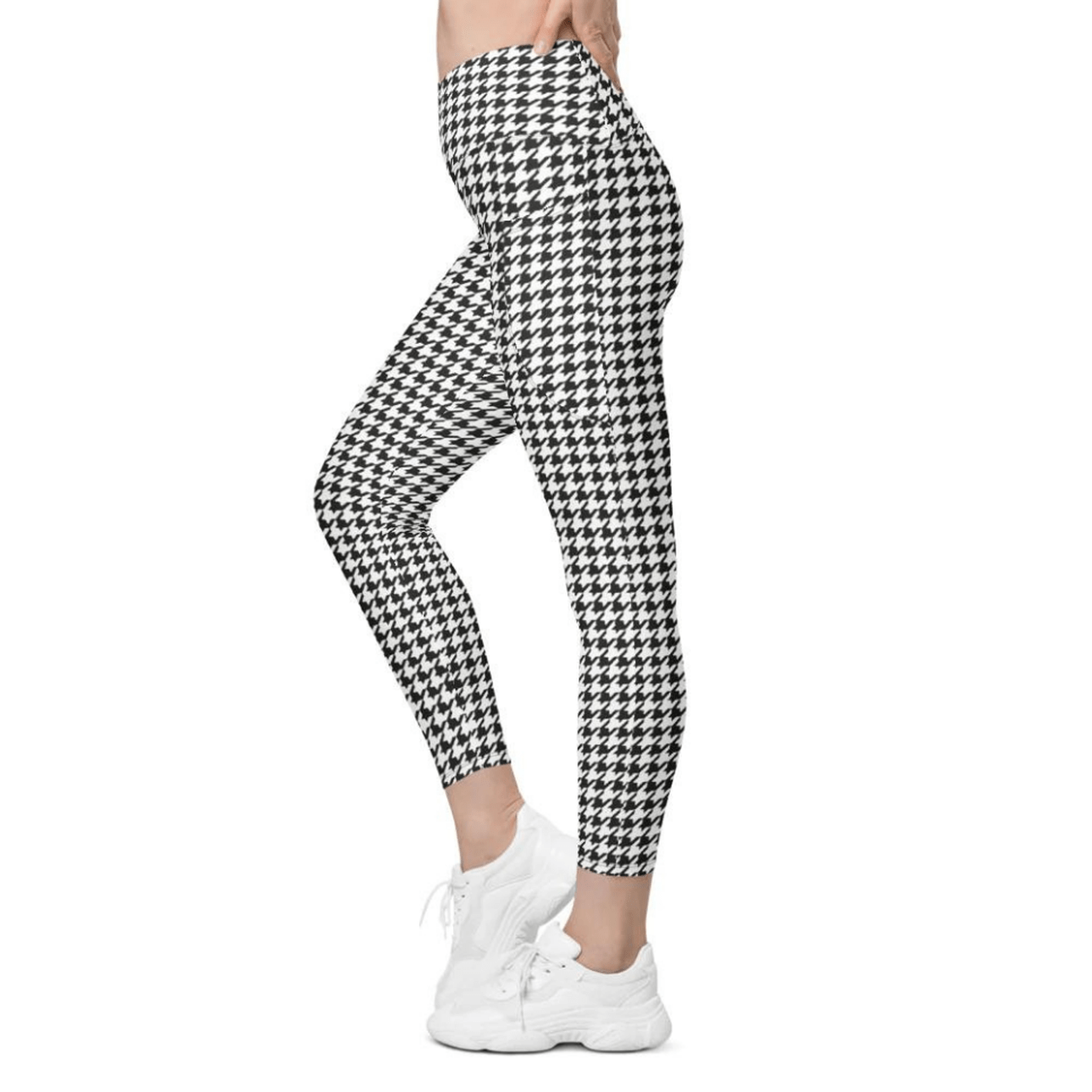 Black & White Houndstooth Print Crossover Leggings With Pockets