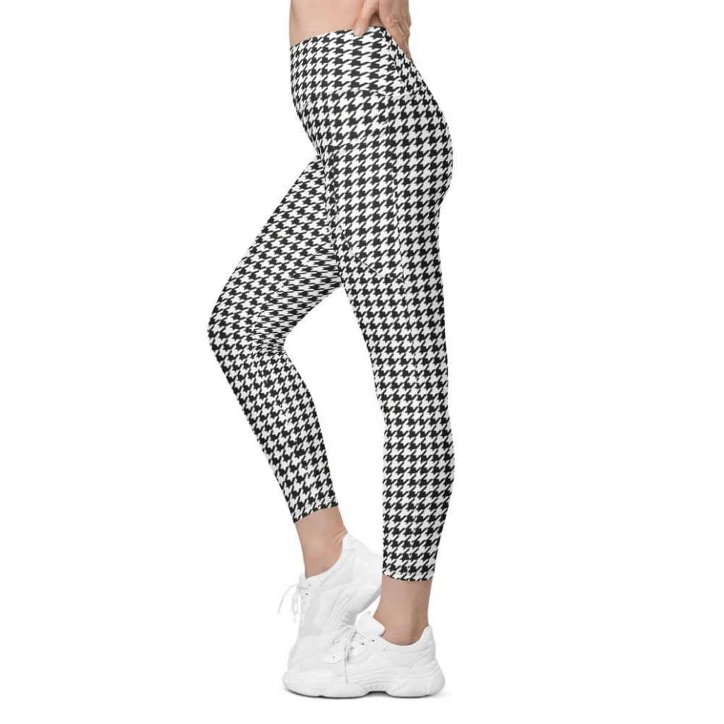 Black & White Houndstooth Print Leggings With Pockets