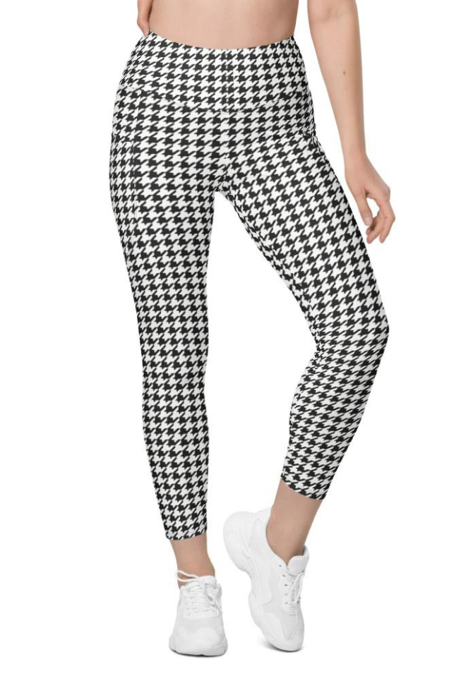 Black & White Houndstooth Print Leggings With Pockets