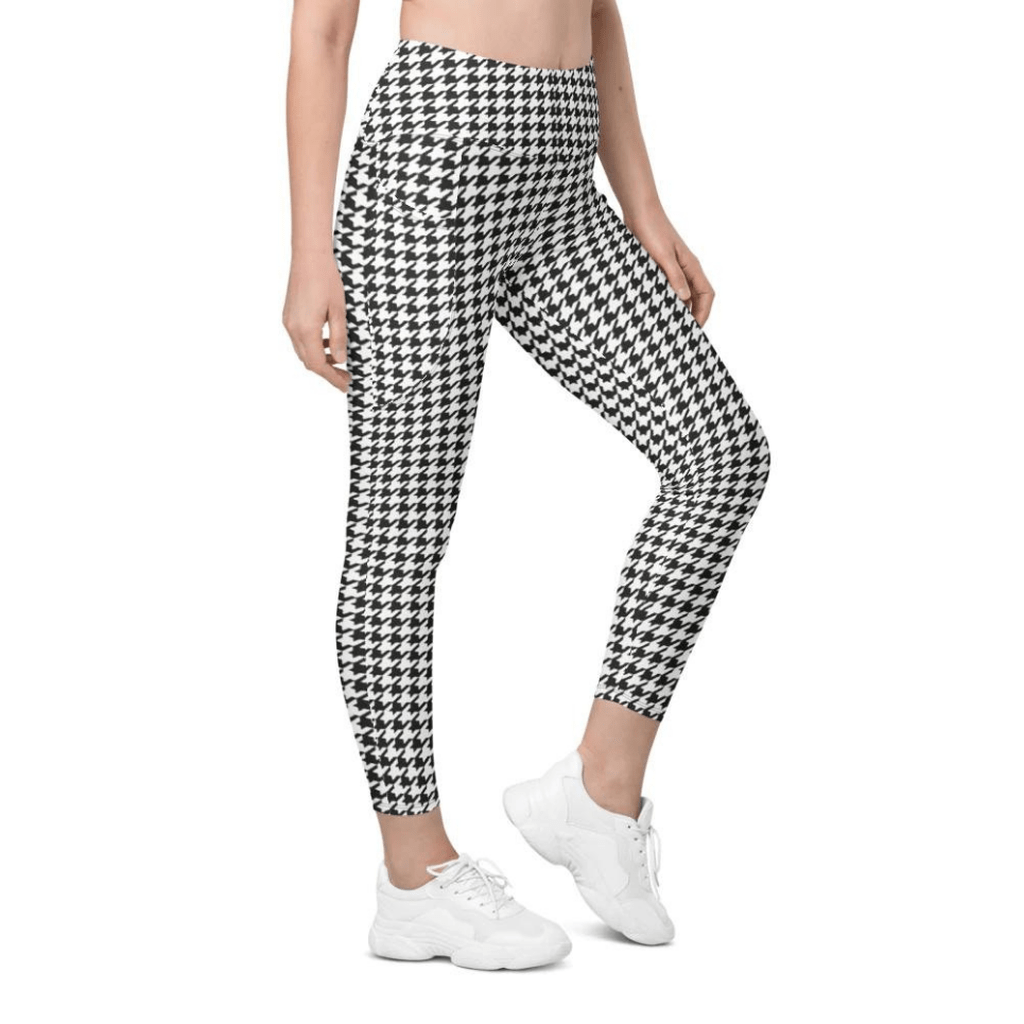 Black & White Houndstooth Print Leggings With Pockets