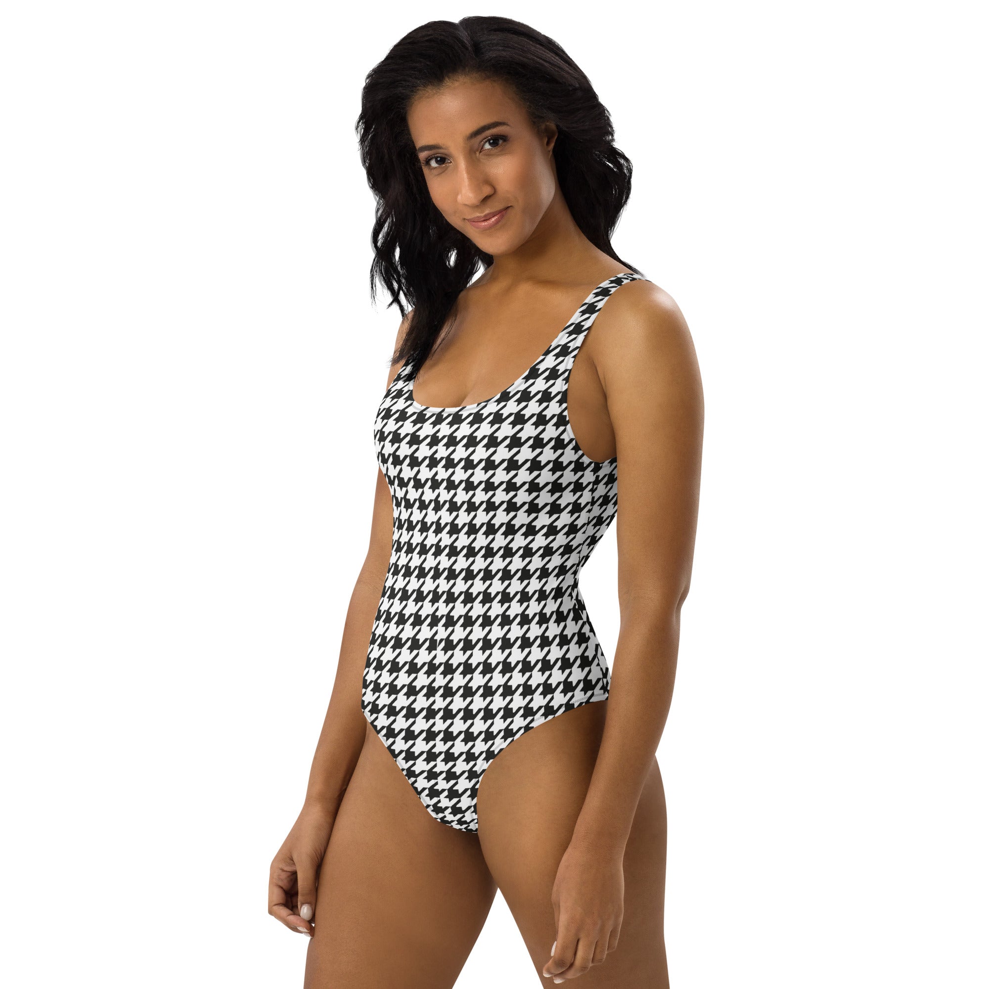 Black White Houndstooth Print One Piece Swimsuit