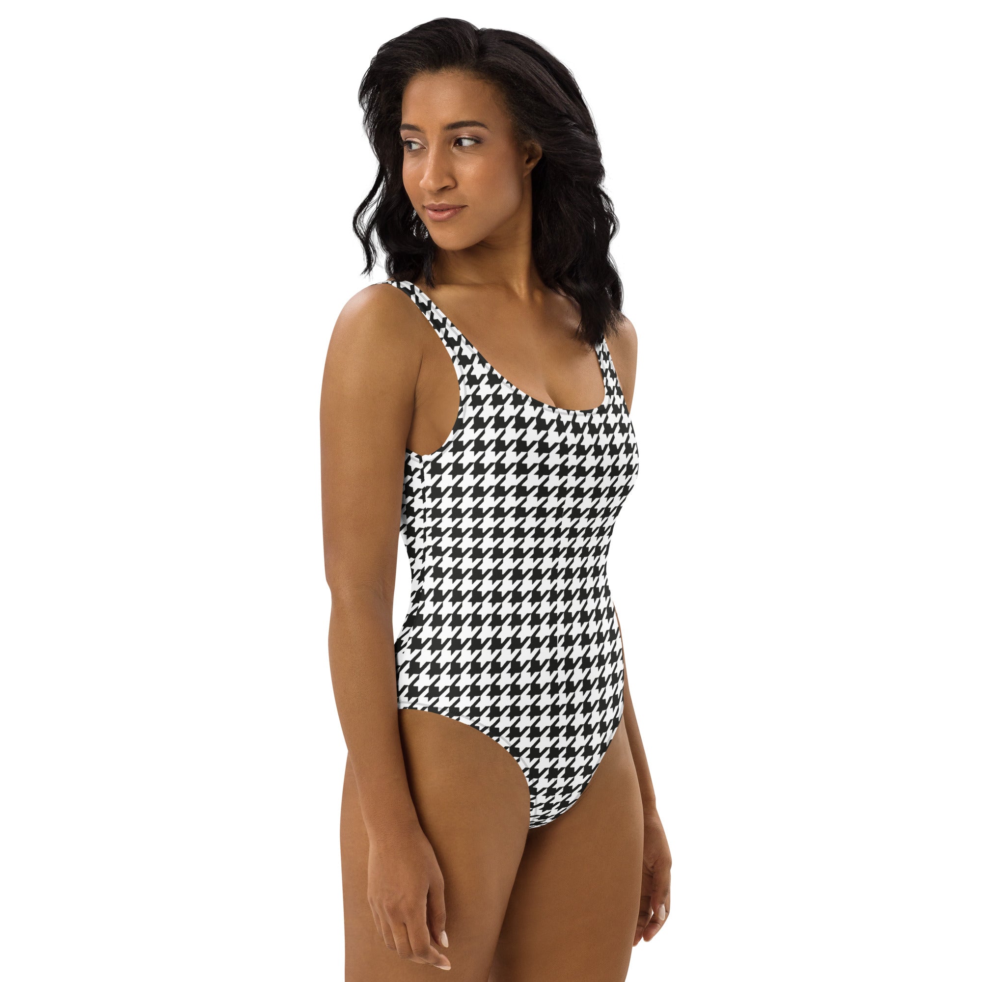 Black & White Houndstooth Print One-Piece Swimsuit
