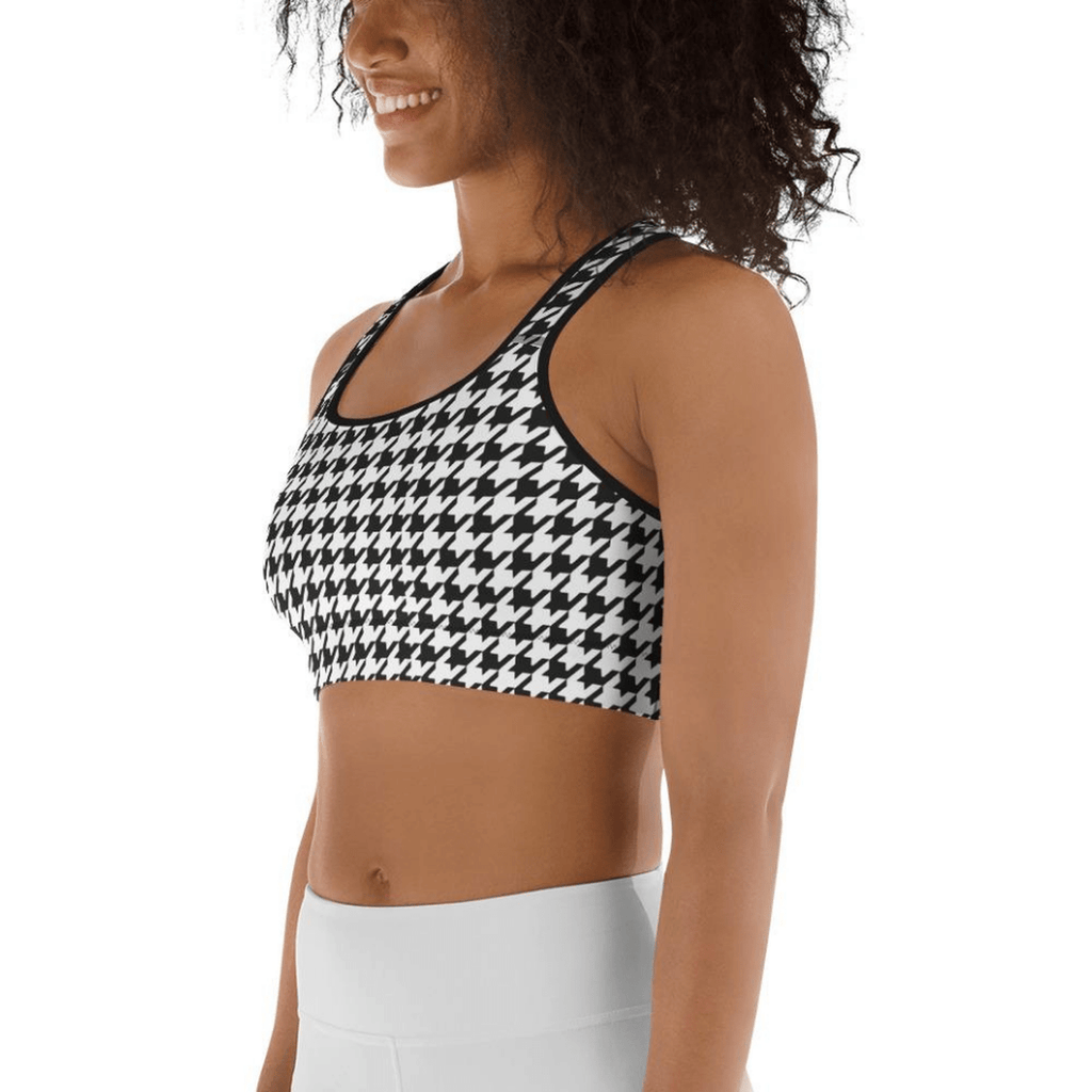 Black & White Houndstooth Print Sports Bra