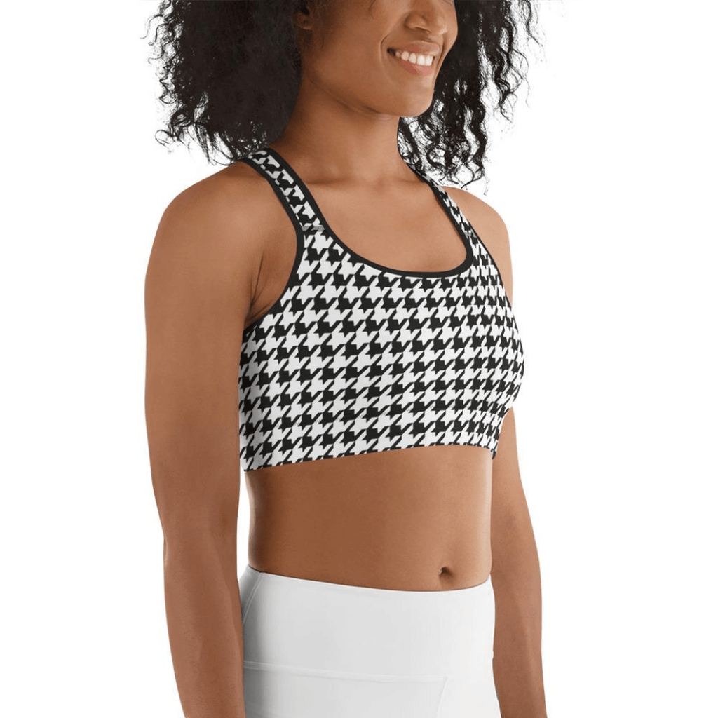 Black & White Houndstooth Print Sports Bra
