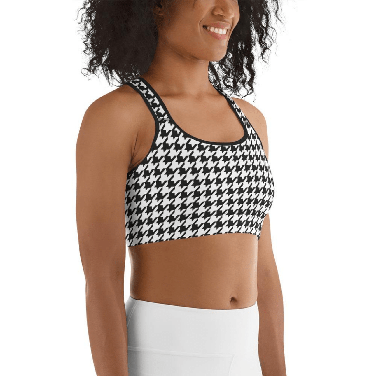 Black & White Houndstooth Print Sports Bra
