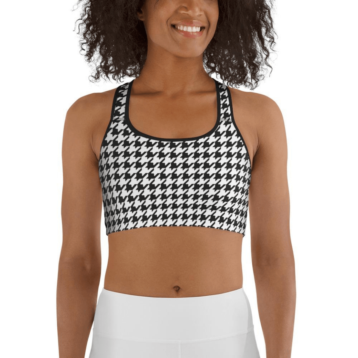 Black & White Houndstooth Print Sports Bra | FIERCEPULSE