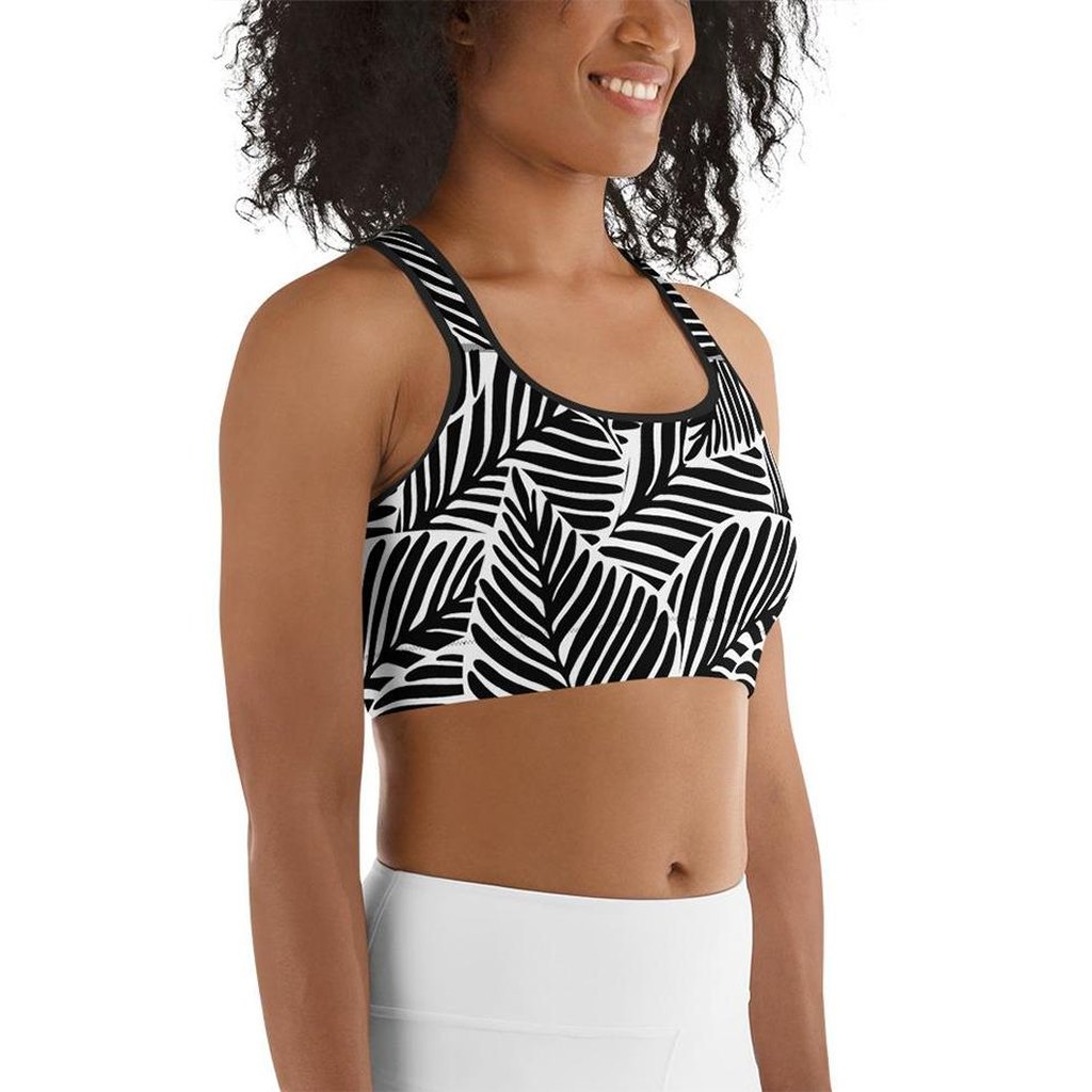 Black & White Leaves Sports Bra