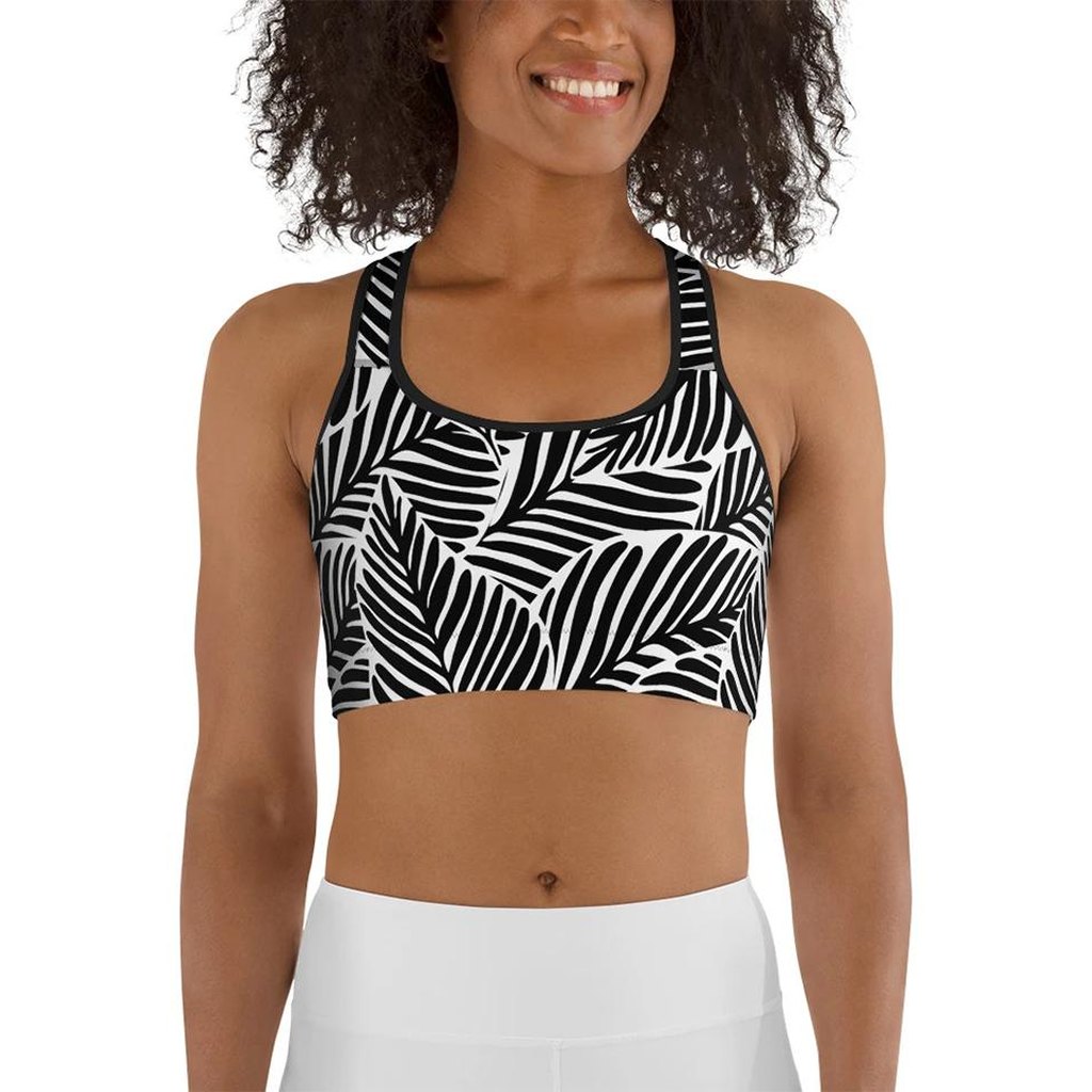 Black & White Leaves Sports Bra