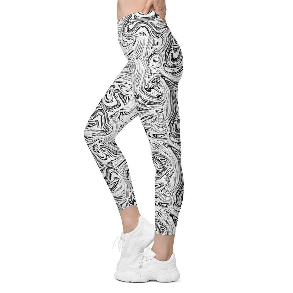 Black & White Marble Crossover Leggings With Pockets