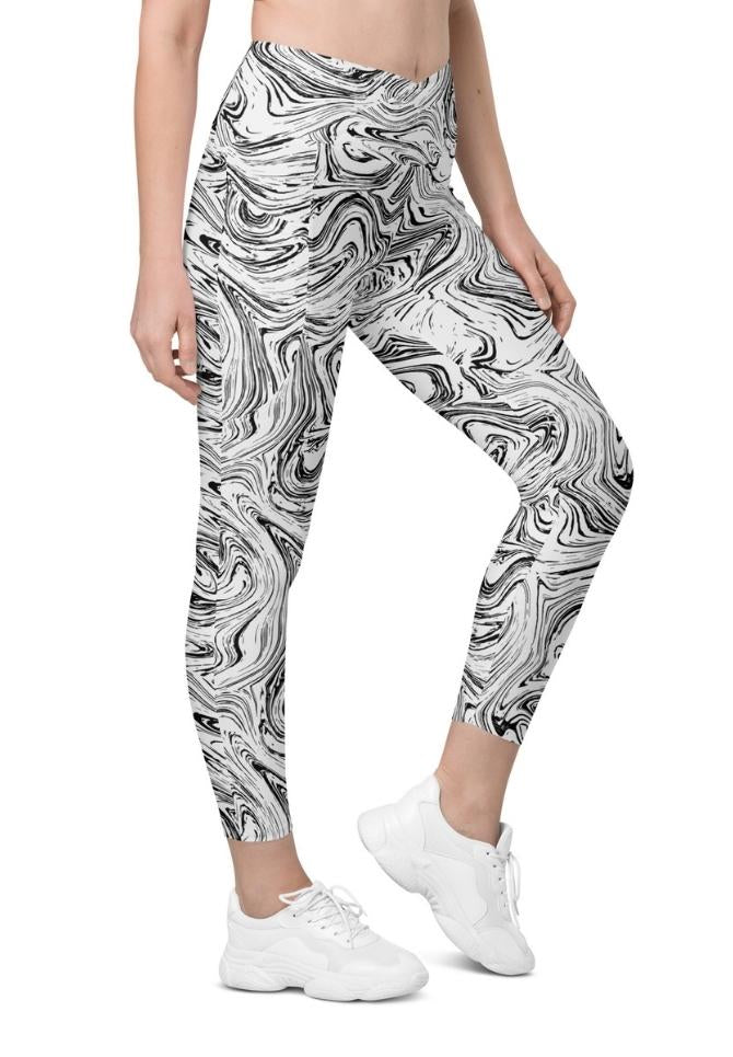 Black & White Marble Crossover Leggings With Pockets