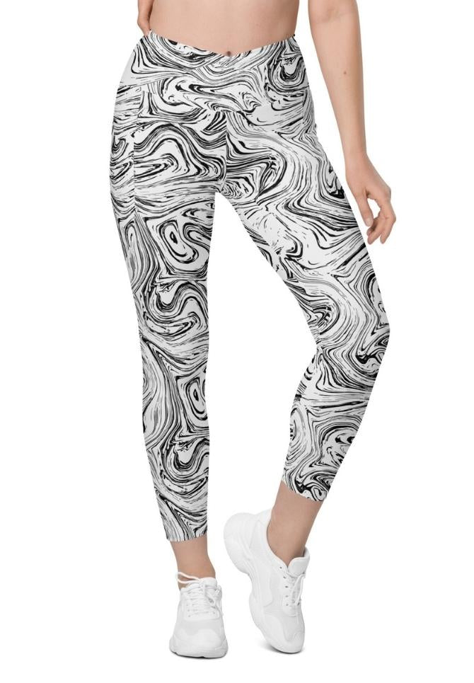 Black & White Marble Crossover Leggings With Pockets