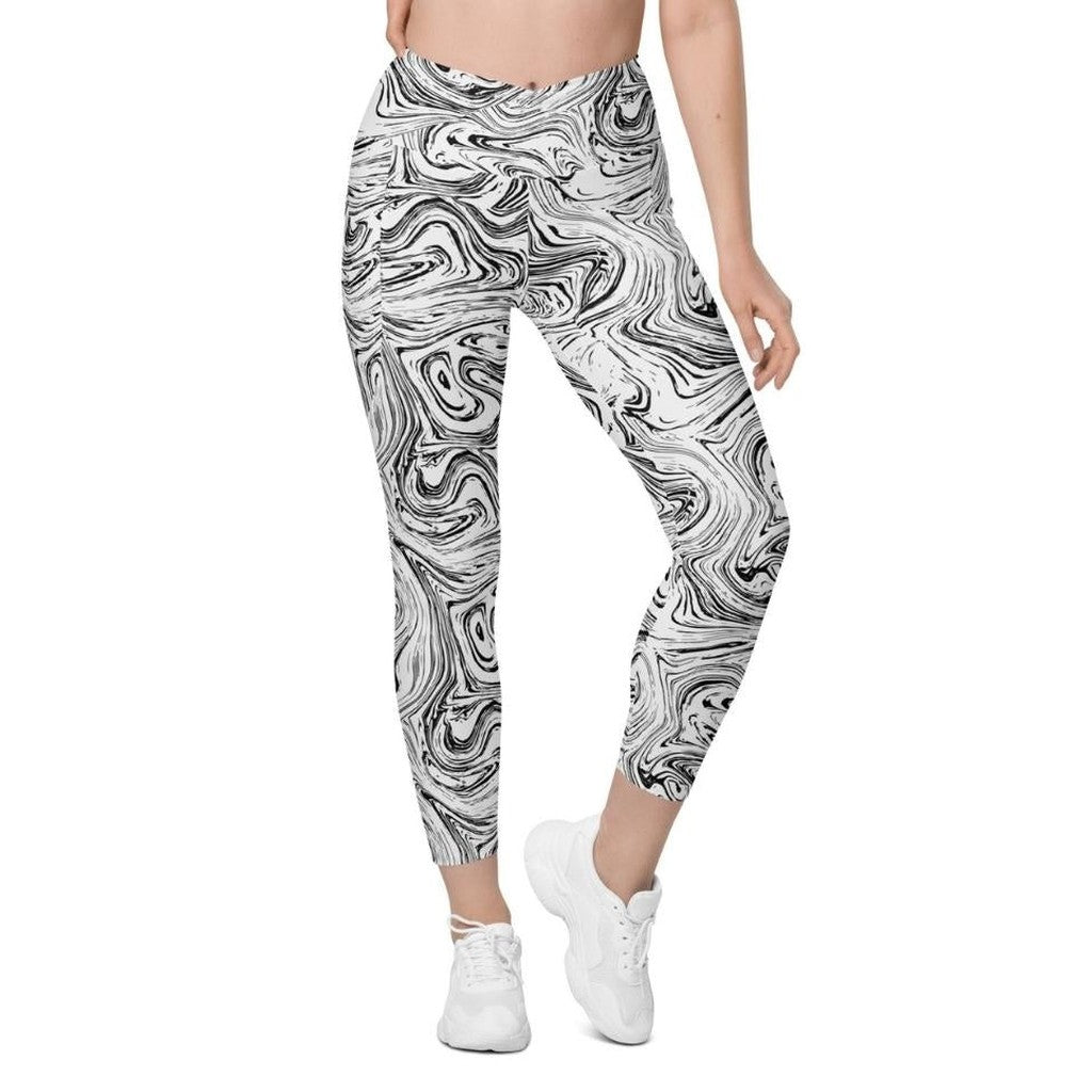 Black & White Marble Crossover Leggings With Pockets