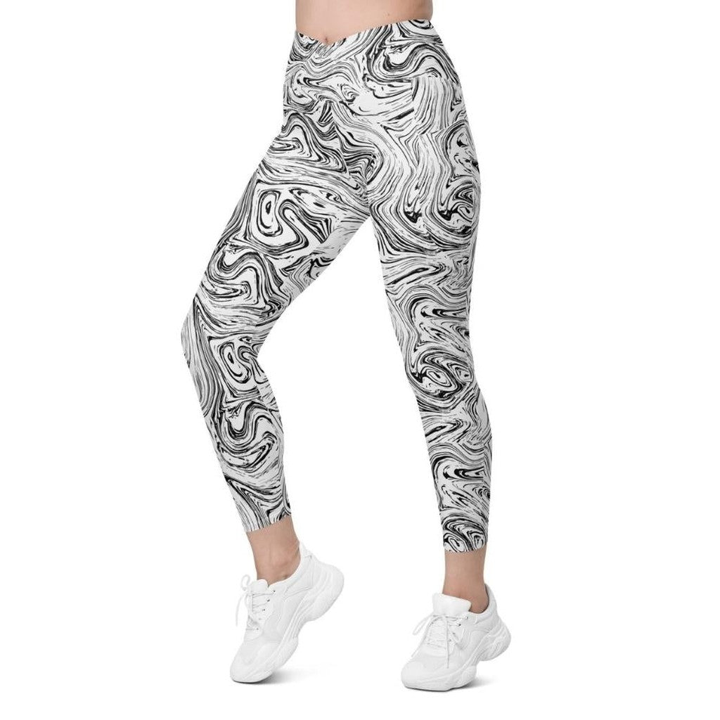 Black & White Marble Crossover Leggings With Pockets