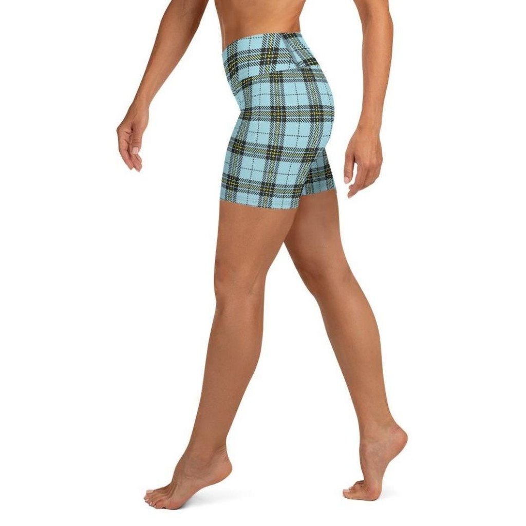 Blue Plaid Print Yoga Shorts