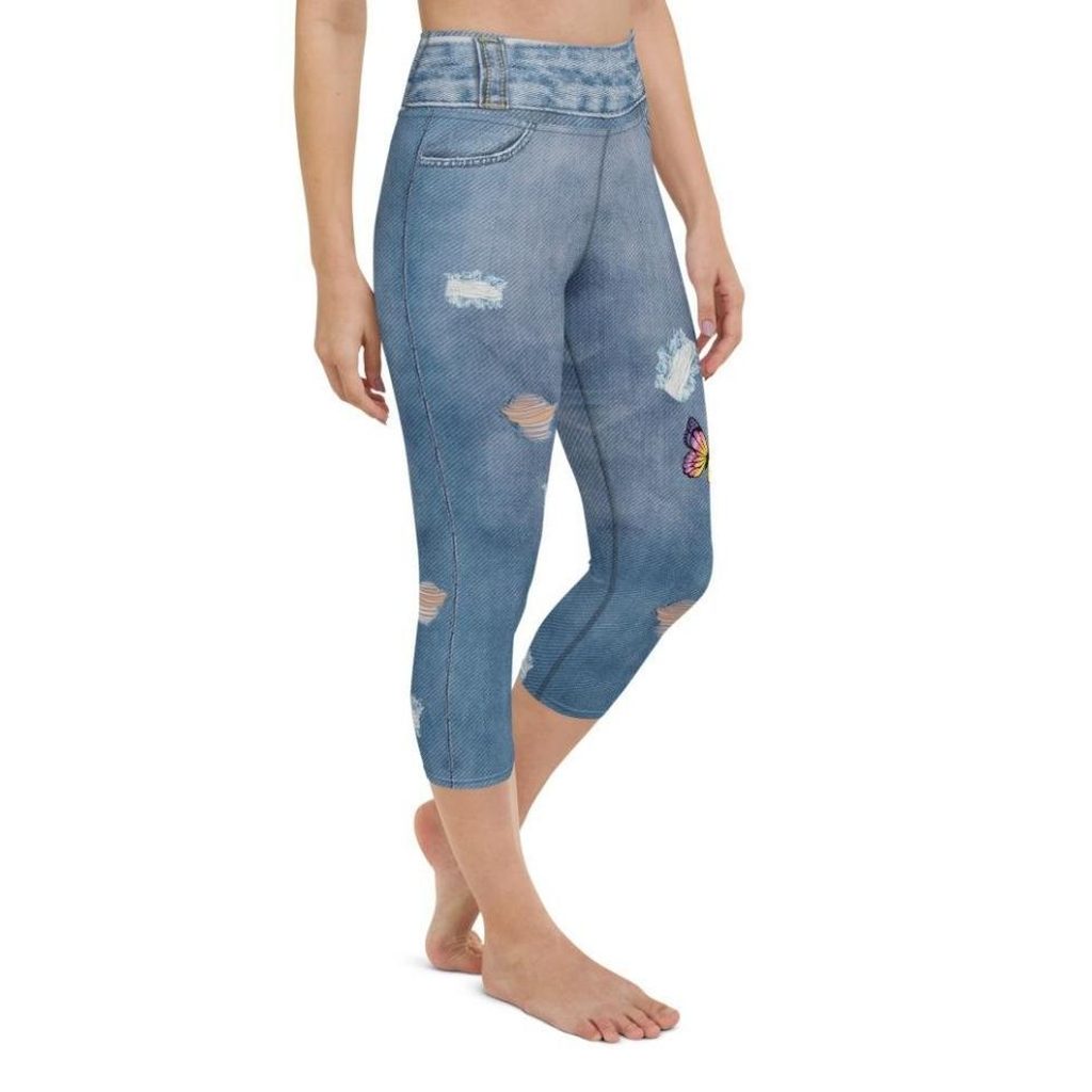 Butterfly Denim Print Yoga Capris