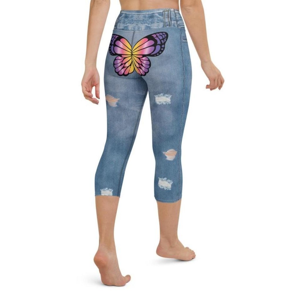 Butterfly Denim Print Yoga Capris