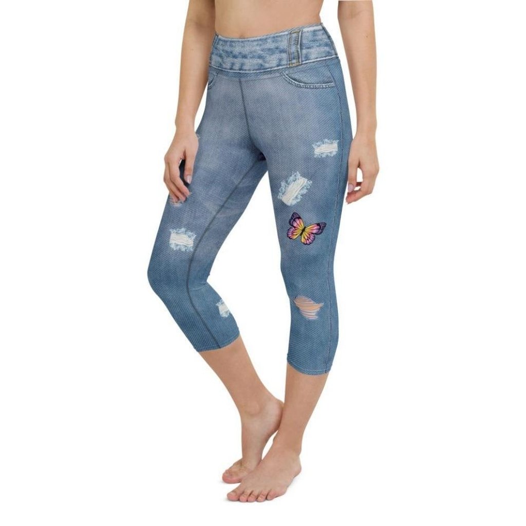 Butterfly Denim Print Yoga Capris