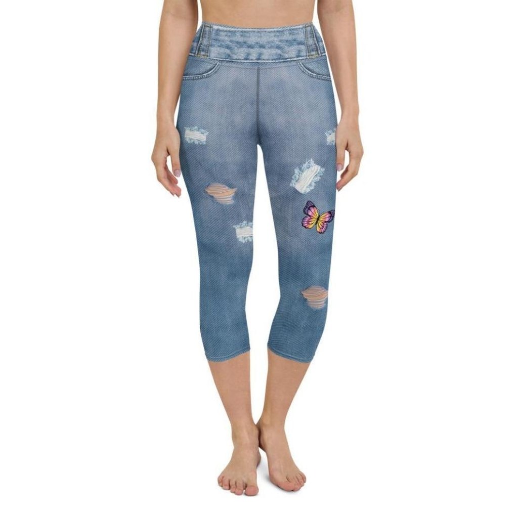 Butterfly Denim Print Yoga Capris