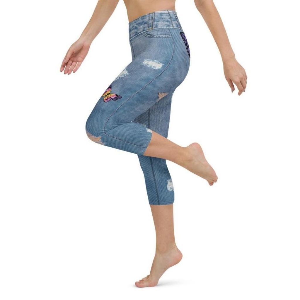 Butterfly Denim Print Yoga Capris