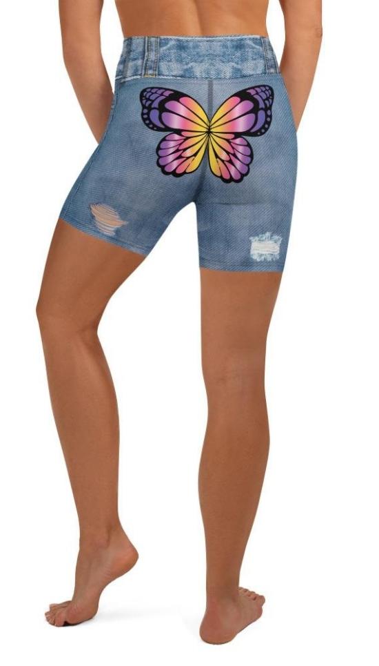 Butterfly Denim Print Yoga Shorts