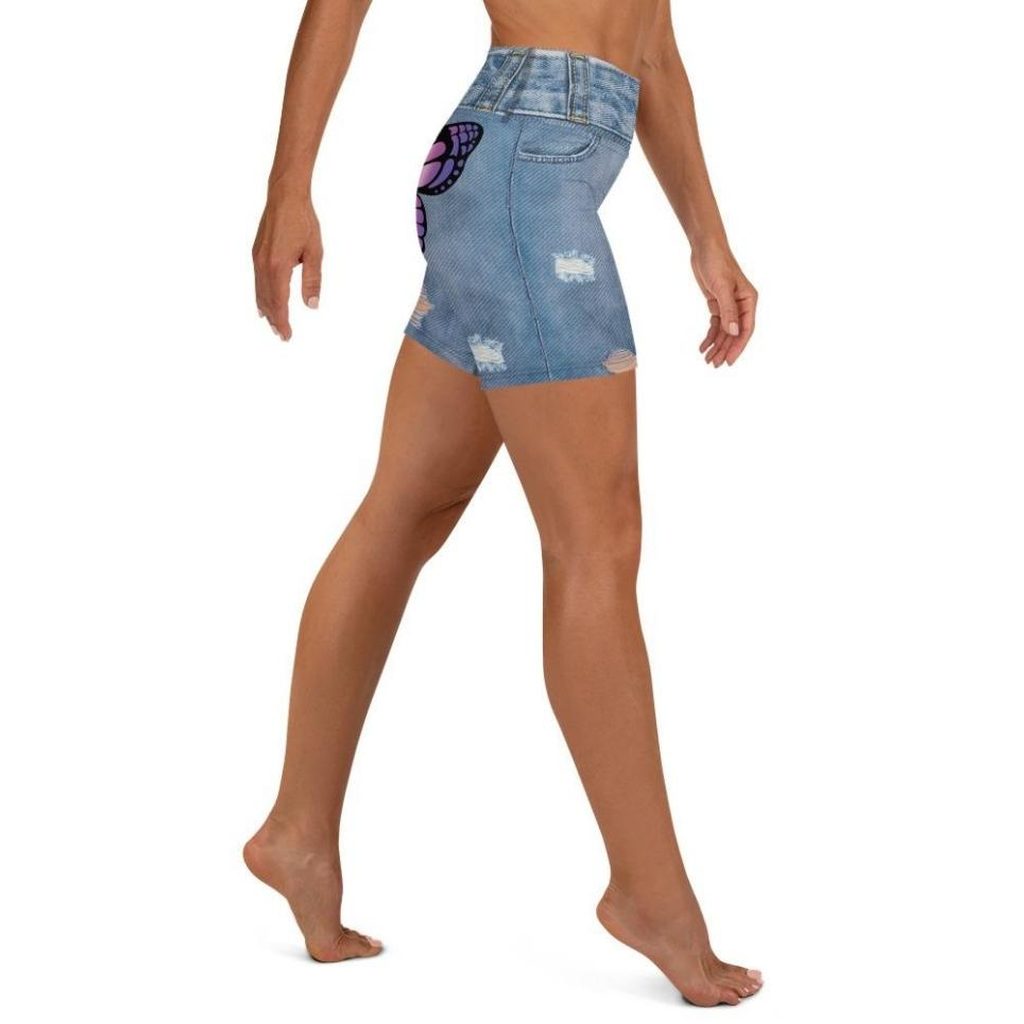 Butterfly Denim Print Yoga Shorts