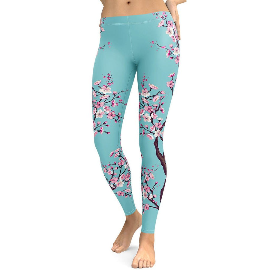 Tranquil Sky Blue Cherry Blossom Leggings | FIERCEPULSE