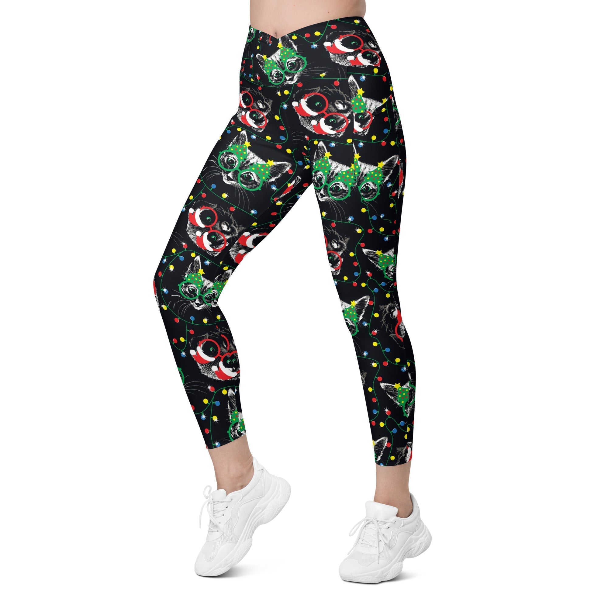 Christmas Lights & Cats Crossover Leggings With Pockets