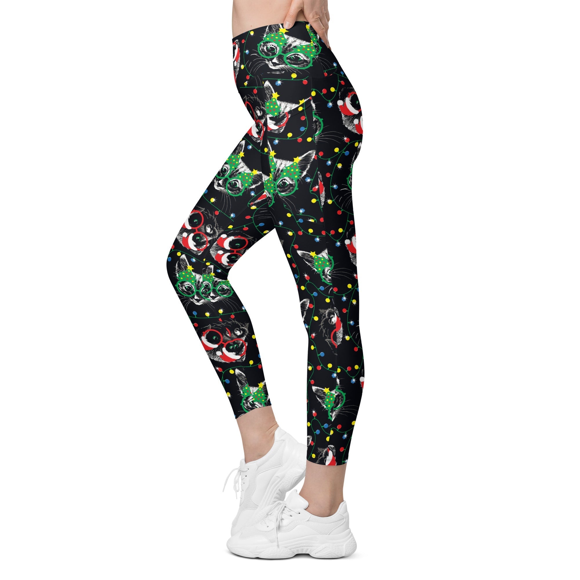 Christmas Lights & Cats Leggings With Pockets