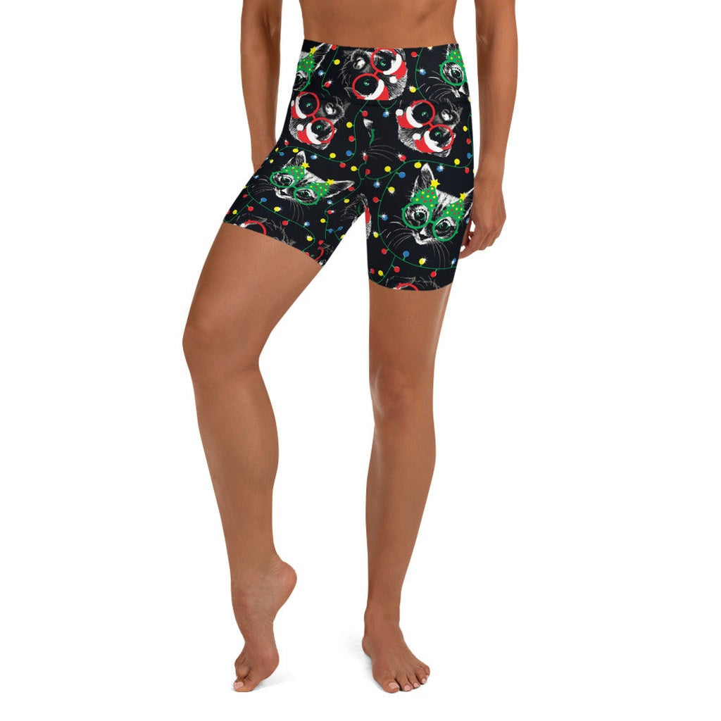 Christmas Lights & Cats Yoga Shorts